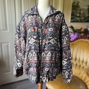 ☾ Vintage 100% silk Aztec print Fuda International bomber jacket